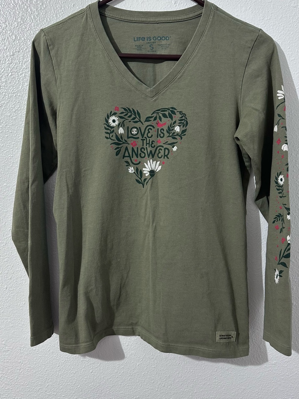 Life is Good Olive Green 'Love Is The Answer' V-Neck Long Sleeve Tee Womens S